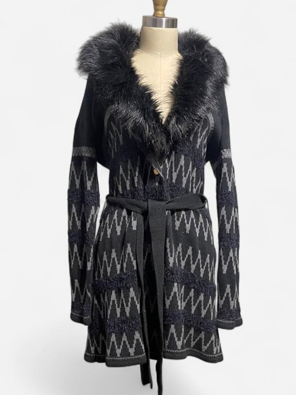 boho knit cardigan coat with fur collar size L